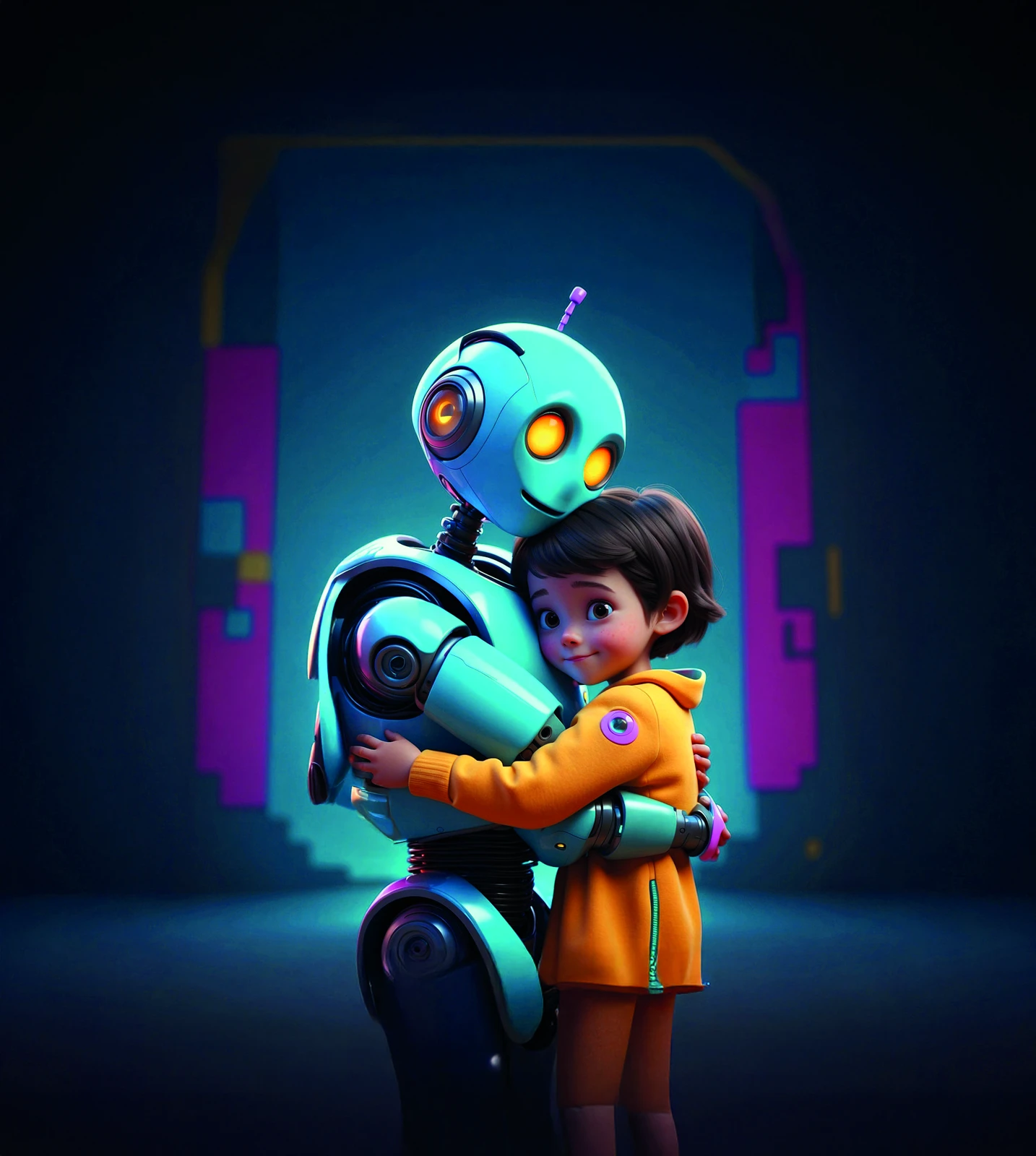 Pico, a turquoise robot with glowing eyes, hugs Simon, who is wearing a yellow hoodie