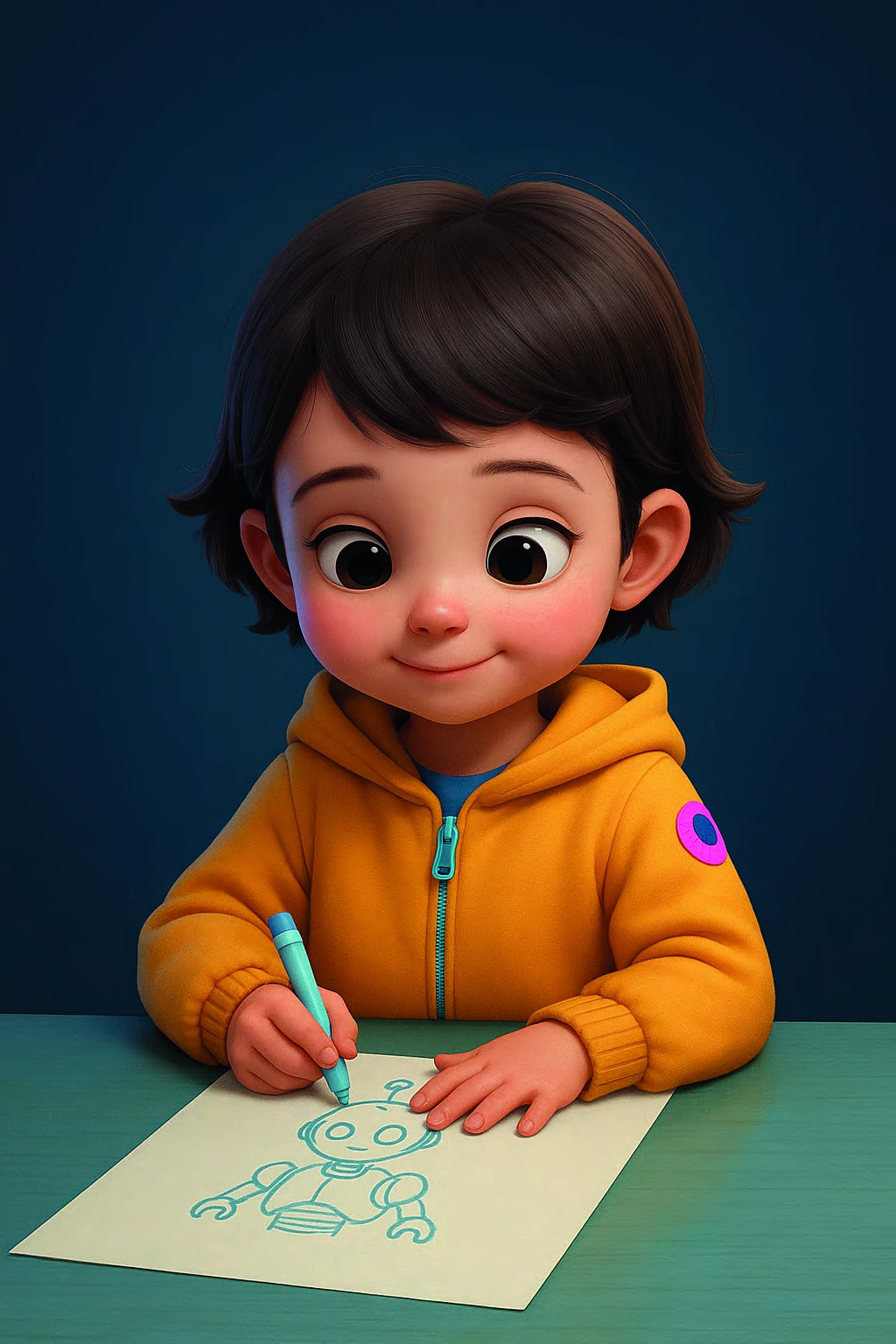 Simon smiles as he draws with his crayons